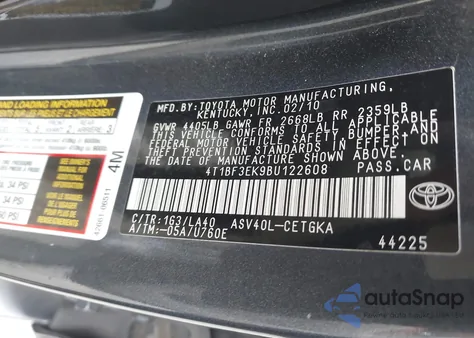 2011 Toyota Camry Xle из США, поврежденный, VIN 4T1BF3EK9BU122608